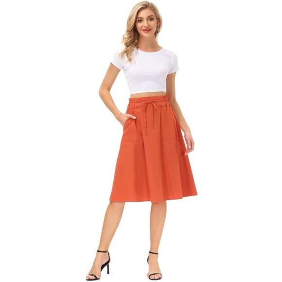 Women Casual Cotton Linen Skirts Frill Tie Waist A-Line Midi Skirt - Picture 5 of 14